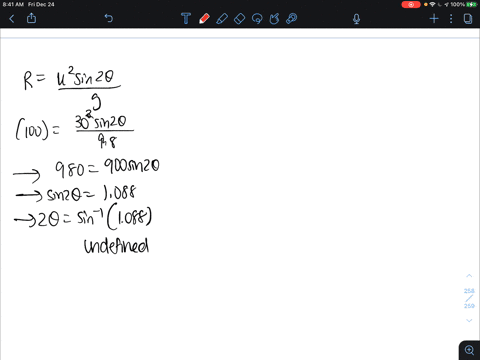 a-ball-is-thrown-across-a-flat-field-with-an-initial-velocity-of-30-ms-what-is-the-angle-if-it-lands-100-m-away-96278