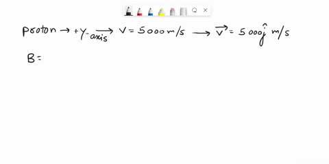 a-proton-is-moving-with-a-velocity-of-215-104-ms-through-a-uniform-magnetic-field-using-parallel-plates-of-326-v-such-that-the-proton-moves-in-a-circle-perpendicularly-clockwise-with-a-radius-of-the-o