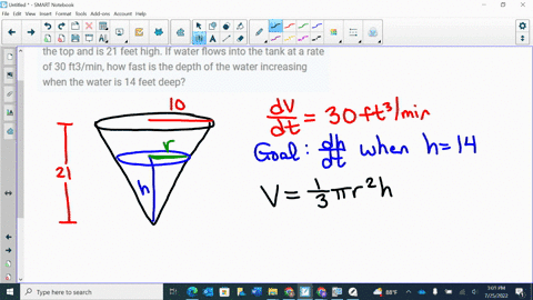 a-conical-water-tank-with-vertex-down-has-a-radius-of-10-feet-at-the-top-and-is-21-feet-high-if-water-flows-into-the-tank-at-a-rate-of-30-ft3min-how-fast-is-the-depth-of-the-water-increasing-61323