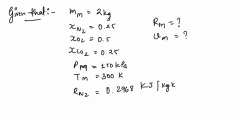 a-2-kg-mixture-of-25-n2-50-o2-and-25-co2-by-mass-is-at-150-kpa-and-300-k-find-the-mixture-gas-constant-and-the-total-volume-53077