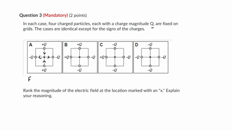 question-3-mandatory-2-points-in-each-case-four-charged-particles-each-with-a-charge-magnitude-q-are-fixed-on-grids-the-cases-are-identical-except-for-the-signs-of-the-charges-rank-the-magnitude-of-th