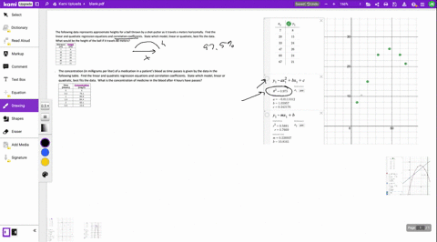 the-following-data-represents-approximate-heights-for-a-ball-thrown-by-a-shot-putter-as-it-travels-x-meters-horizontally-find-the-linear-and-quadratic-regression-equations-and-correlation-co-61936