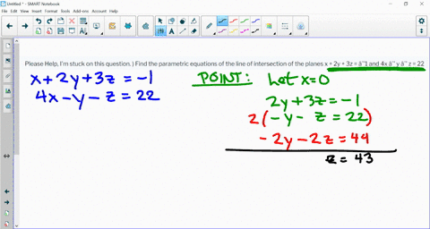 please-help-im-stuck-on-this-question-find-the-parametric-equations-of-the-line-of-intersection-of-the-planes-x-2y-3z-1-and-4x-y-z-22-77198