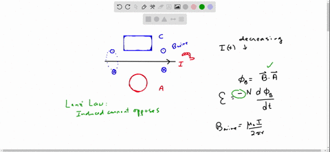 two-closed-loops-a-and-c-are-close-to-a-long-wire-carrying-a-current-i-textbffig-e2917-a-find-the-direction-clockwise-or-counterclockwise-of-the-current-induced-in-each-loop-if-i-is-steadily-decreas-2