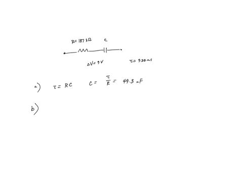 consider-a-charging-rc-circuit-where-at-t0-the-amount-of-charge-on-the-capacitor-is-0-the-circuit-is-powered-by-900-v-battery-the-resistance-of-the-resistor-is-187-k-and-the-time-constant-of-the-circu