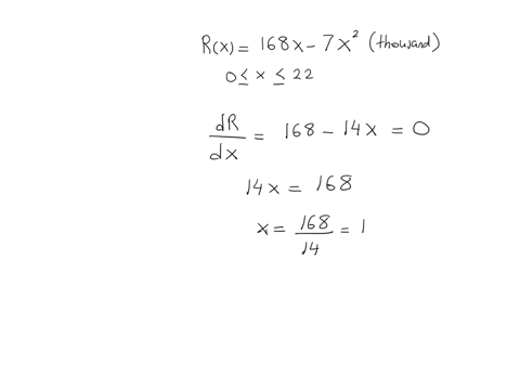 the-weekly-revenue-from-the-sale-of-x-units-of-a-service-is-given-by-rx168x7x2-thousand-dollars-where-0x22-how-many-units-should-be-sold-to-maximize-the-revenue