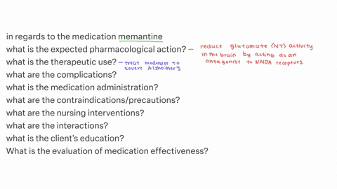 please-answer-each-question-in-one-short-sentence-in-regards-to-the-medication-memantine-what-is-the-expected-pharmacological-action-what-is-the-therapeutic-use-what-are-the-complications-what-is-the