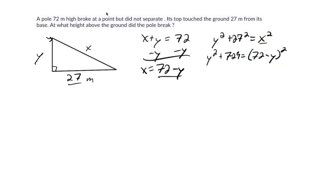 SOLVED A pole 72 m high broke at a point but did not separate . Its
