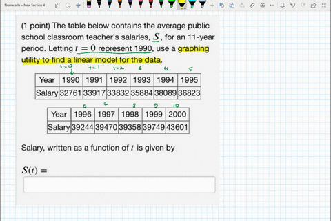 1-point-the-table-below-contains-the-average-public-school-classroom-teachers-salaries-s-for-an-11-year-period-letting-t-0-represent-1990-use-a-graphing-utility-to-find-a-linear-model-for-th-95727