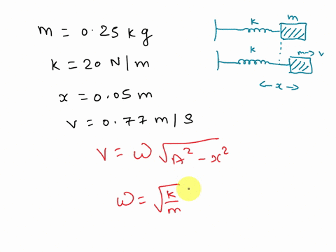 a-block-mass-025-kg-is-attached-to-a-spring-spring-constant-20-nm-and-started-oscillating-at-one-point-in-time-the-block-is-moving-at-077-ms-when-the-spring-is-stretched-005-m-a-find-the-spe-42095