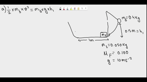 a-pendulum-bob-m1-of-mass-0400-kg-is-held-at-a-vertical-height-of-0500-m-above-the-bottom-of-its-swing-it-is-then-released-and-swings-down-just-as-it-passes-through-its-lowest-point-in-the-s-65938