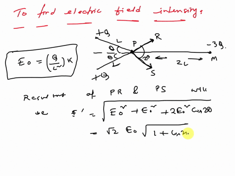 three-charges-are-arranged-as-shown-the-magnitude-of-the-electric-field-at-point-p-due-to-one-ofthe-q-charges-is-eo-what-is-the-magnitude-of-the-net-electric-field-at-p-write-answer-in-terms-14235