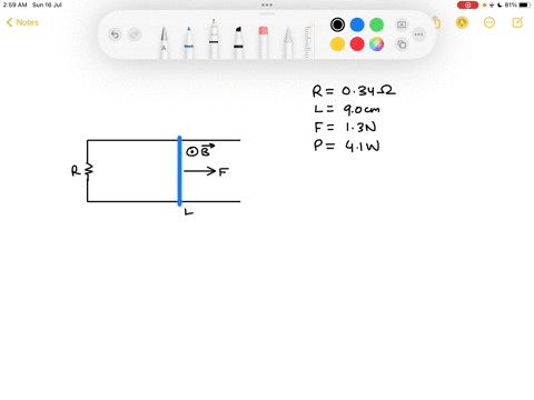 a-90-cmcm-long-wire-is-pulled-along-a-u-shaped-conducting-rail-in-a-perpendicular-magnetic-field-the-total-resistance-of-the-wire-and-rail-is-034-pulling-the-wire-with-a-force-of-13-nn-cause-39597