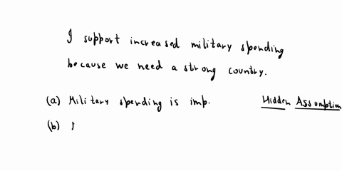 1e18-identify-at-least-two-hidden-assumptions-in-the-following-argument-support-increased-mililary-spending-because-we-need-a-strong-country-which-of-the-following-are-hidden-assumptions-for-77032