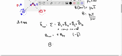 four-long-parallel-conductors-carry-equal-currents-of-i-940-the-figure-below-is-an-end-view-of-the-conductors-the-current-direction-is-into-the-page-at-points-and-and-out-of-the-page-at-c-an-57515