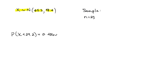 a-population-of-values-has-a-normal-distribution-with-mu453-and-sigma484-you-intend-to-draw-a-random-sample-of-size-n23-find-the-probabitity-that-a-single-randomly-selected-value-is-less-than-292-px29