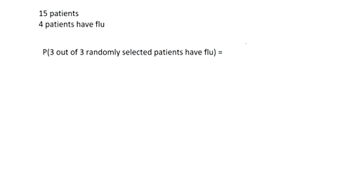 in-a-clinic-there-are-15-total-patients-4-of-which-have-the-flu-if-3-patients-are-randomly-selected-what-is-the-probability-that-all-3-will-have-the-flu-89018