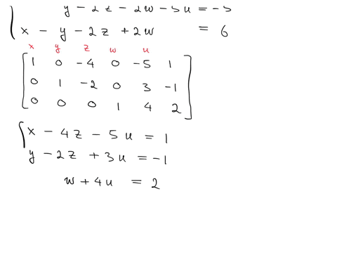 we-want-to-solve-the-system-below-4x-3y-y-10z-5w-9u-5u-17-2z-zw-5-x-y-2z-2w-6-to-do-so-you-write-the-system-as-an-augmented-matrix-and-row-reduce-to-0-4-2-_5-1-0-3-1-4-2-parameterize-the-sol-82882