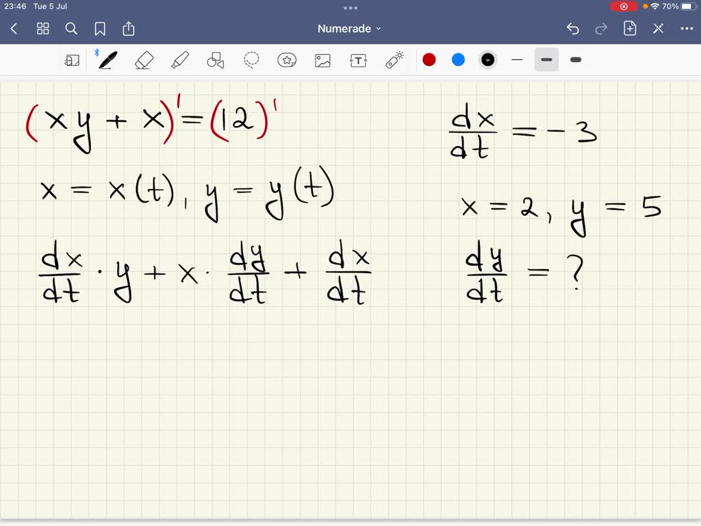 SOLVED: If xy + x = 12 and dx/dt = -3, then what is dy/dt when x = 2 ...