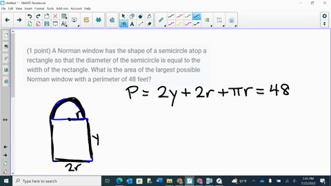 1-point-a-norman-window-has-the-shape-of-a-semicircle-atop-a-rectangle-so-that-the-diameter-of-the-semicircle-is-equal-to-the-width-of-the-rectangle-what-is-the-area-of-the-largest-possible-52713