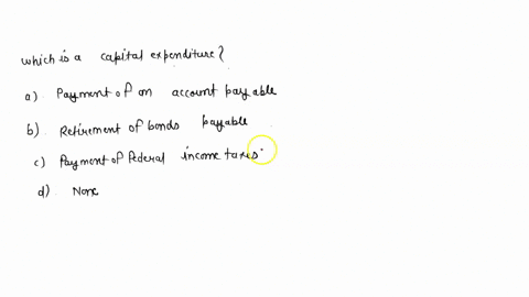 which-of-the-following-is-a-capital-expenditure-payment-of-an-account-payable-retirement-of-bonds-payable-payment-of-federal-income-taxes-none-of-these-answers-are-correct-25962