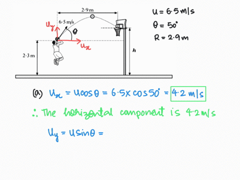 a-basketball-player-throws-ball-with-an-initial-velocity-of-65-ms-1-at-an-angle-of-50-to-the-horizontal-the-ball-is-23-m-above-the-ground-when-released-29m-not-t0-scale-65m-s-23-m-the-ball-t-56217
