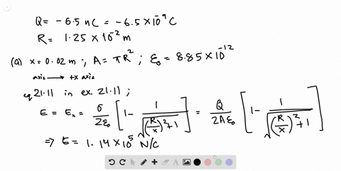 a-charge-of-650-nc-is-spread-uniformly-over-the-surface-of-one-face-of-a-nonconducting-disk-of-radius-125-cm-a-find-the-magnitude-and-direction-of-the-electric-field-this-disk-produces-at-a-point-p--2