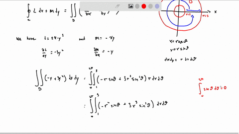 verify-greens-theorem-in-the-plane-for-2-y3dx-xy-dy-where-c-is-the-boundary-of-the-region-enclosed-by-the-circles-xy1-and-y9-86526