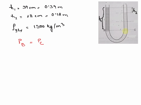 a-u-shaped-tube-with-both-arms-open-to-the-air-has-390-cm-column-of-liquid-of-unknown-density-in-its-right-arm-beneath-this-liquid-and-not-mixing-with-it-is-glycerin-that-extends-into-the-le-90852