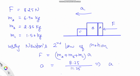 three-boxes-a-b-and-c-are-placed-on-a-frictionless-surface-as-shown-in-the-diagram-below-if-you-push-on-box-a-with-a-force-of-825-n-find-the-magnitude-of-the-contact-force-between-each-pair-33535