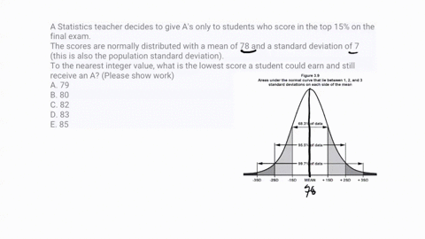 a-statistics-teacher-decides-to-give-as-only-to-students-who-score-in-the-top-15-on-the-final-exam-the-scores-are-normally-distributed-with-a-mean-of-78-and-a-standard-deviation-of-7-this-is-86403