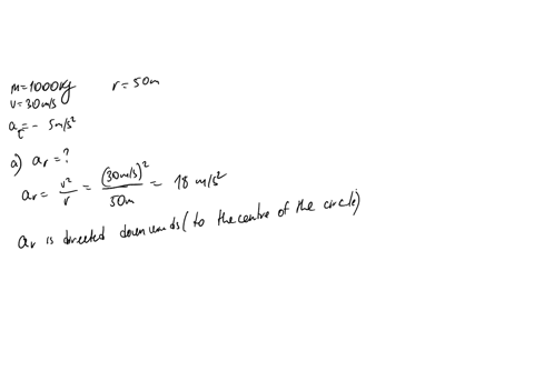the-diagram-shows-top-down-view-of-1000-kg-car-on-circular-racetrack-at-the-moment-shown-the-car-is-moving-to-the-right-with-speed-30-ms-and-slowing-down-with-tangential-acceleration-of-magn-22139