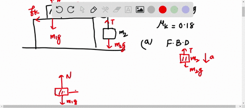 two-masses-are-connected-by-a-string-as-shown-below-the-coefficient-of-kinetic-friction-between-the-table-and-the-mass-is-018-m-15kg-m-3kg-draw-and-label-the-free-body-diagrams-for-each-mass-87107