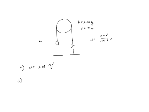 a-weight-of-unknown-mass-m-hangs-from-massless-string-that-wraps-around-uniform-disk-of-mass-m-3-ollkg-and-radius-30cm-initially-the-wheel-was-tied-to-the-ground-by-second-string-at-time-0-t-50272