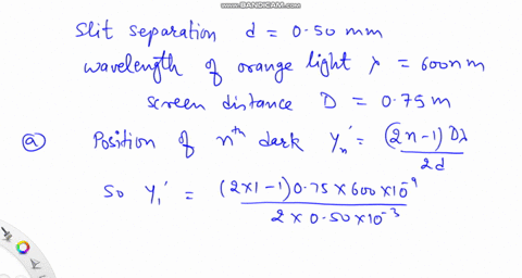 a-double-slit-slits-are-separated-by-0s0-mm-is-illuminated-with-orange-light-600-nm-aifa-screen-is-placed-075-meters-from-the-slits-how-far-from-the-center-of-the-pattern-will-the-first-dark-14076