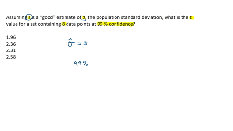assuming-s-is-a-good-estimate-of-the-population-standard-deviation-what-is-the-z-value-for-a-set-containing-8-data-points-at-99-confidence-196-236-231-258-73107
