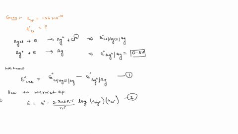 ag-agcl-reference-electrode-saturated-in-kcl-the-standard-redox-potential-of-the-agag-couple-is-08v-at-298k-considering-the-solubility-product-constant-of-agcl-ks-156-x10-10-calculate-the-po-55599