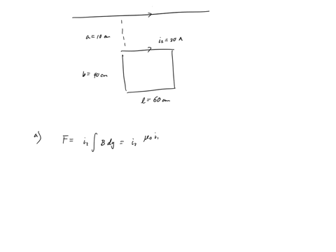 in-the-figure-a-long-straight-wire-carries-a-current-i-300-a-and-a-rectangular-loop-carries-current-i-200-atake-the-dimensions-to-be-a-100-cm-b-400-cm-and-l-600-cm-in-unit-vector-notation-fi-51577
