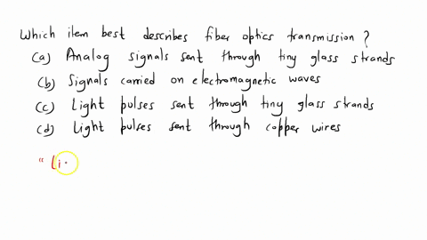 which-item-best-describes-fiber-optic-transmission-a-analog-signals-sent-through-tiny-glass-strands-b-signals-carried-on-electromagnetic-waves-c-light-pulses-sent-through-tiny-glass-strands-20028