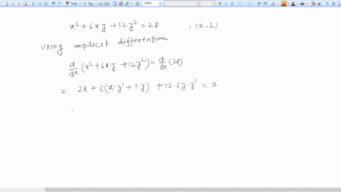 use-implicit-differentiation-to-find-an-equation-of-the-tangent-line-to-the-curve-at-the-given-point-x2-6xy-12y2-28-2-1-ellipse-34592