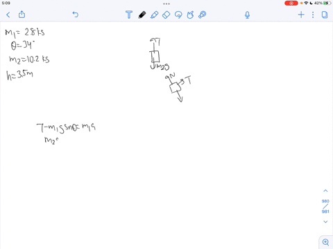 two-masses-are-connected-by-string-as-shown-in-the-figure-below-mass-m1-28-kg-rests-on-frictionless-inclined-plane-which-makes-an-angl-of-34-degrees-with-the-horizontal-while-m2-102-kg-is-he-92654