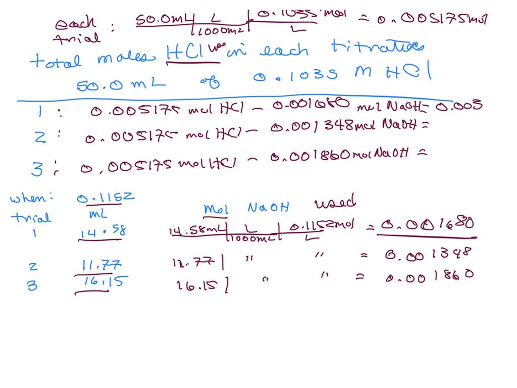 SOLVED Determine the total moles of HCl used in each titration