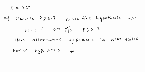 the-test-statistic-of-z-229-is-obtained-when-testing-the-claim-that-p-07-identify-the-hypothesis-test-as-being-two-tailed-eft-tailed-or-right-tailed-b-find-the-p-value-using-significance-lev-90087