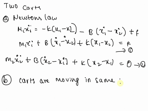consider-two-carts-moving-on-a-horizontal-surface-as-shown-in-the-figure-the-carts-assumed-to-have-masses-m-and-m2are-connected-by-a-spring-and-a-damperthe-springs-coefficient-is-k-and-the-d-29605