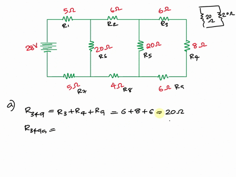 question-12-10-points-consider-the-circuit-shown-in-the-figure-a-what-is-the-equivalent-resistance-for-the-circuit-b-what-power-is-dissipated-by-the-entire-circuit-28-v-20-q-20-q-note-your-a-10305