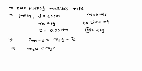 the-two-blocks-in-figure-1-are-connected-by-a-massless-rope-that-passes-over-a-pulley-the-pulley-is-12-cm-in-diameter-and-has-a-mass-of-20-kg-as-the-pulley-turns_-friction-at-the-axle-exerts-14558