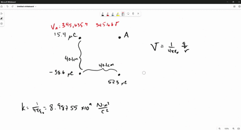 three-point-charges-q1154-c-q2386-c-and-q3573-c-are-arranged-as-shown-in-the-figure-the-lengths-y-and-x-both-equal-401-cm-calculate-the-electric-potential-v-at-point-a