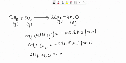 the-combustion-of-propane-is-represented-by-the-following-chemical-equation-c3h8g5o2g3co2g4h2ol-the-standard-enthalpies-of-formation-hf-for-c3h8g-co2g-and-h2ol-are-1038-kjmol-3935-kjmol-and-64564