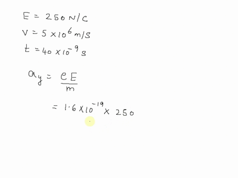an-electron-moving-along-the-x-axis-with-a-constant-speed-v-5x106-ms-enters-the-region-of-a-uniform-electric-field-of-e-250-nc-directed-along-the-y-axis-upward-what-is-the-vertical-displacem-08563