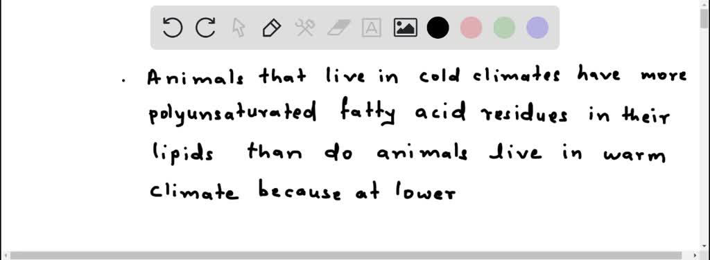 SOLVED: Suggest a reason why animals that live in cold climates tend to have higher proportions of polyunsaturated fatty acid residues in their lipids than do animals that live in warm climates. SOLVED: Suggest a reason why animals that live in cold climates tend to have higher proportions of polyunsaturated fatty acid residues in their lipids than do animals that live in warm climates.